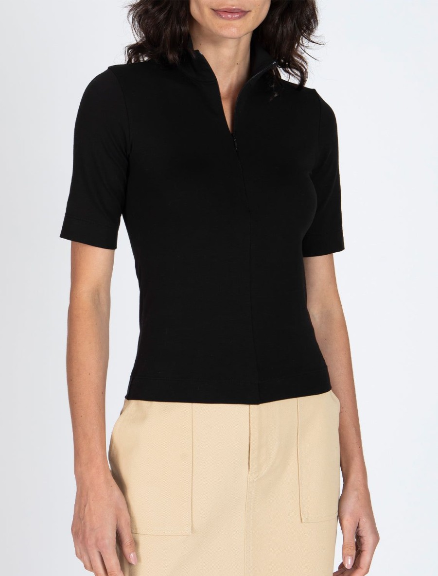 Wholesale Pima Cotton Zip Front Top In Black Tees