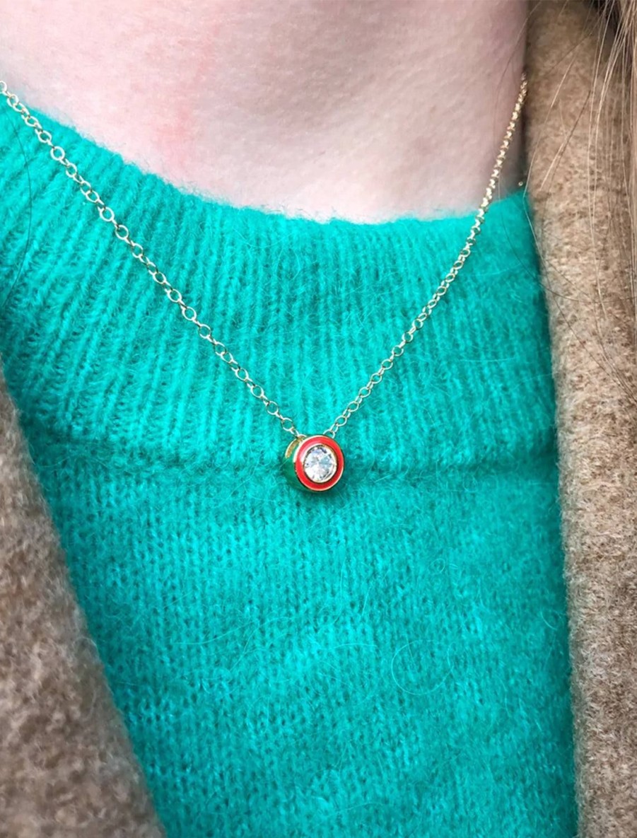 Clearance Candy Bezel Necklace With Red Enamel Delicate