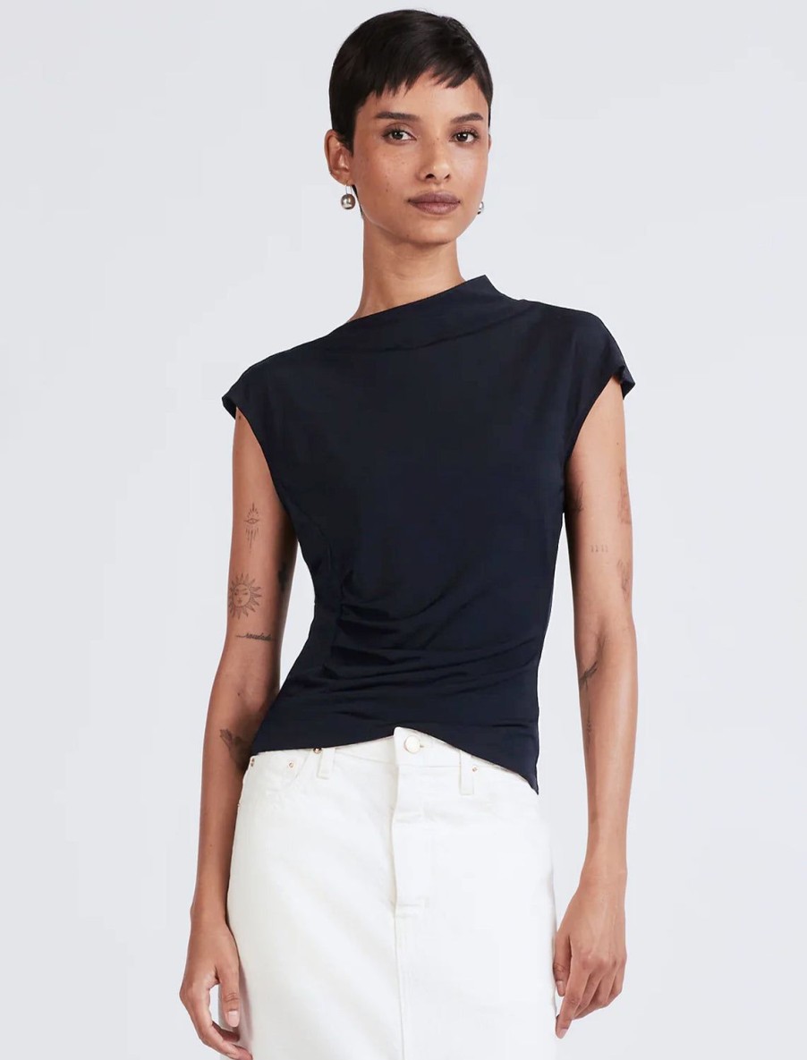 Clearance Sasha Cap Sleeve Ruched Tee In Midnight Work Tops