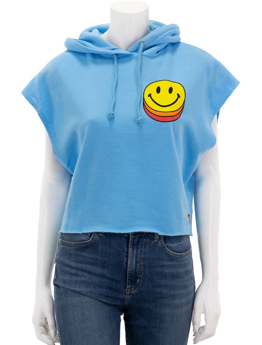 Clearance Smiley Sunset Sleeveless Cropped Pullover Hoodie In Sky Sweatshirts + Hoodies