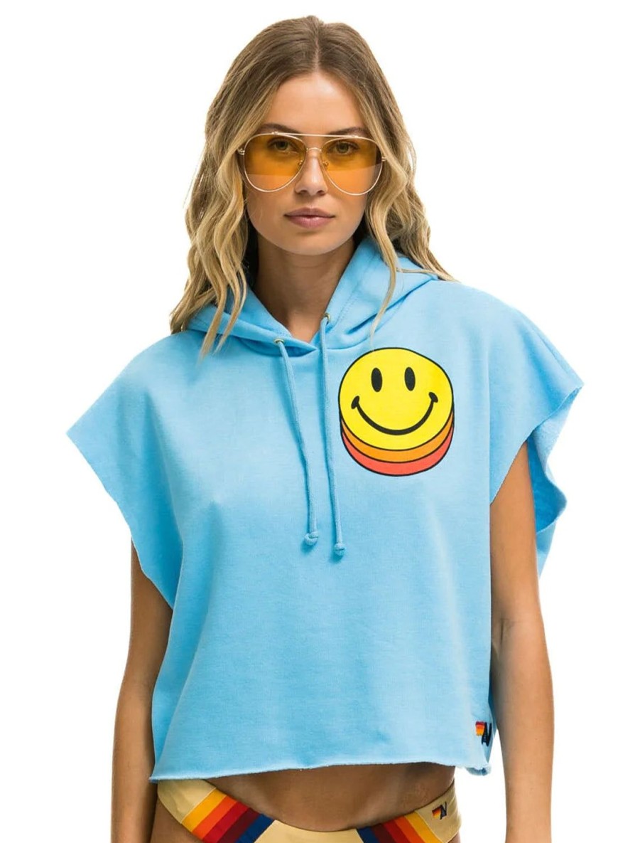 Clearance Smiley Sunset Sleeveless Cropped Pullover Hoodie In Sky Sweatshirts + Hoodies