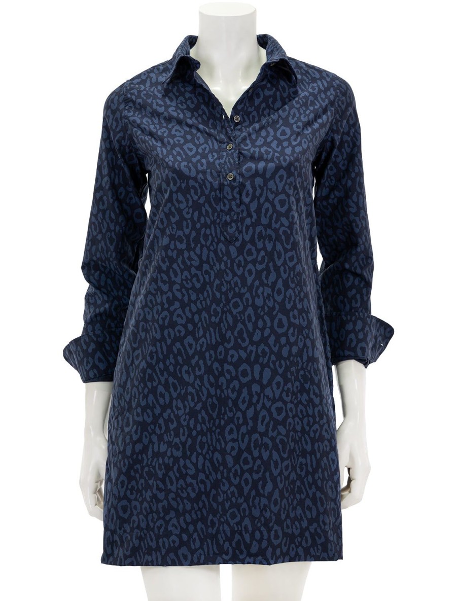 New Long Sleeve Popover Dress In Blue And Navy Leopard Casual + Knit Dresses