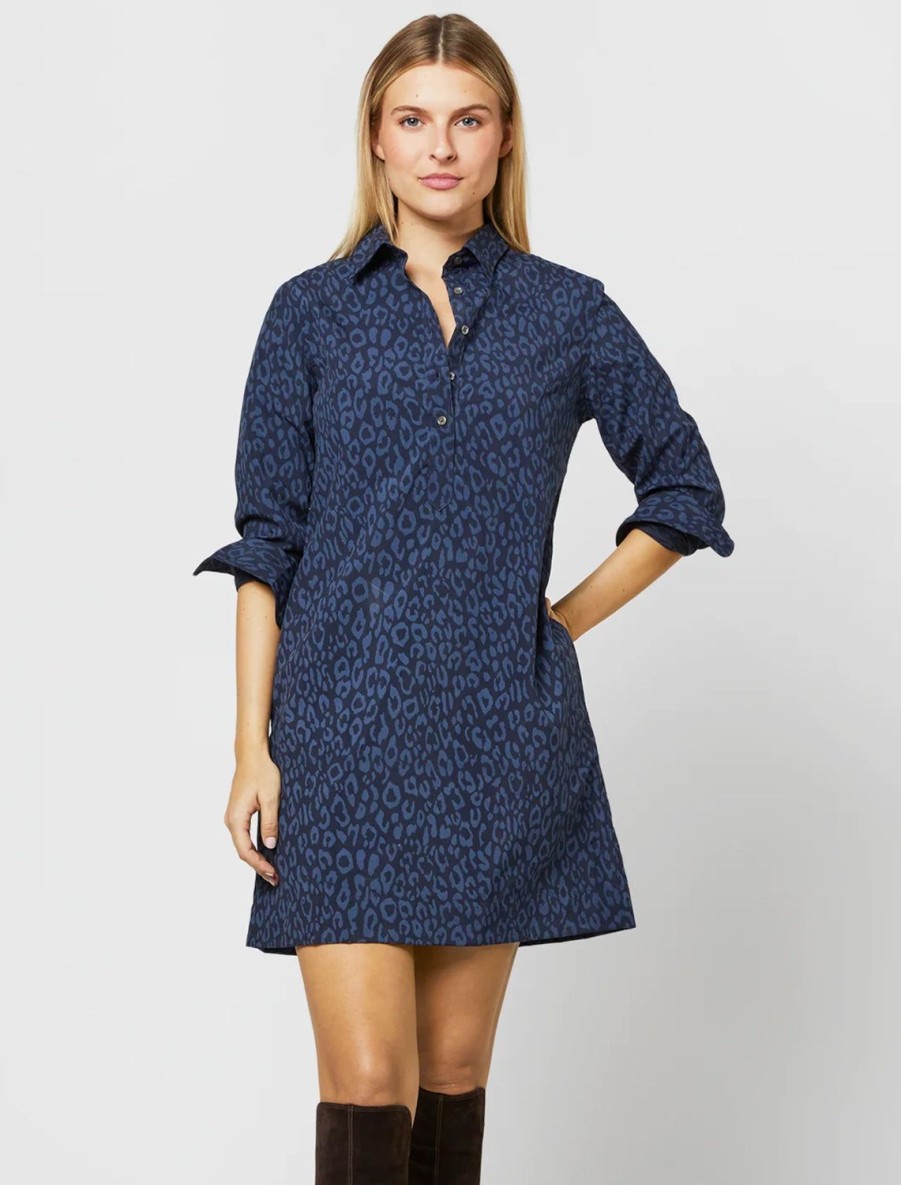 New Long Sleeve Popover Dress In Blue And Navy Leopard Casual + Knit Dresses