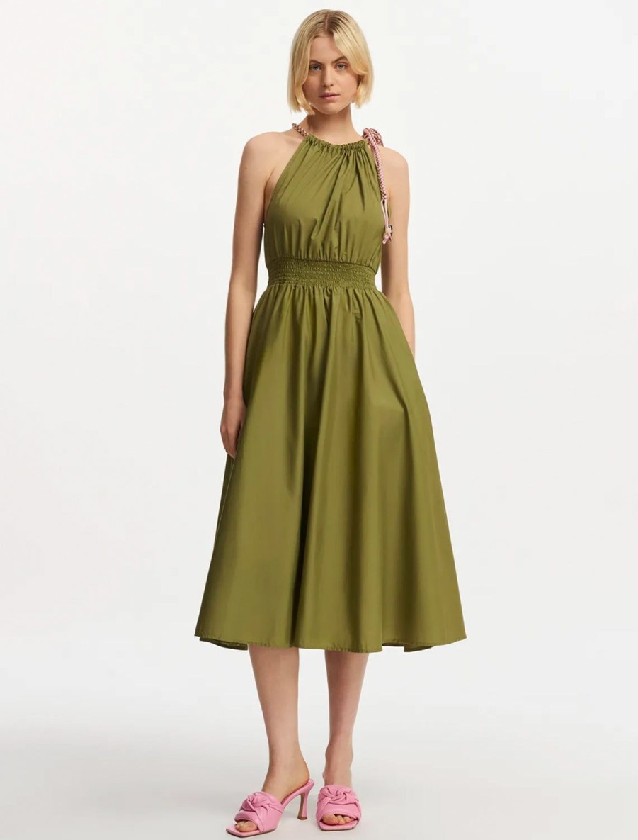 Clearance Fergie Smocked Halter Dress In Olive Martini Casual + Knit Dresses