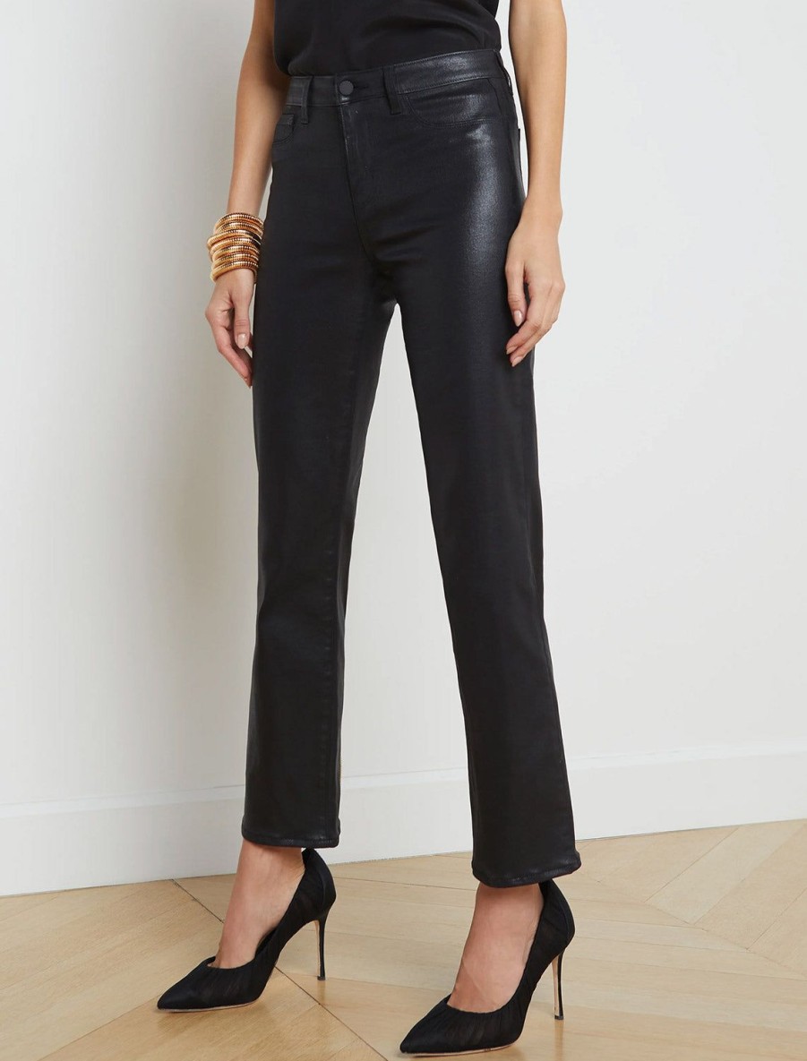 Hot Ginny High Rise Straight In Noir Coated With Back Zip Ankle + Cropped