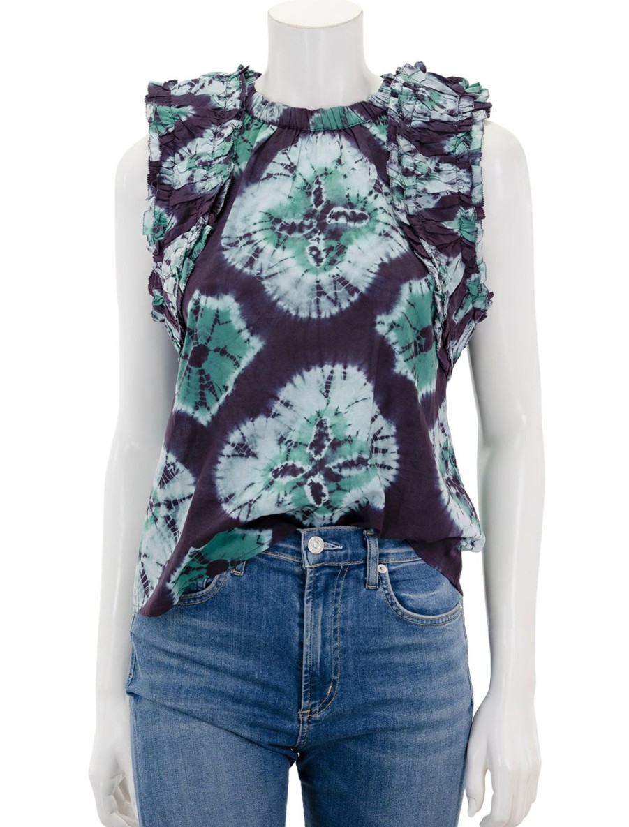 Wholesale Aveline Tie Dye Print Pintucked Tank Top In Teal Blouses