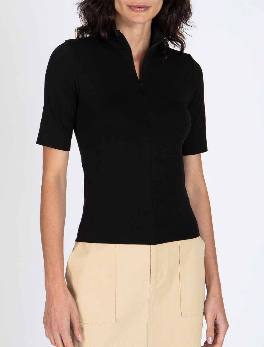 Wholesale Pima Cotton Zip Front Top In Black Blouses