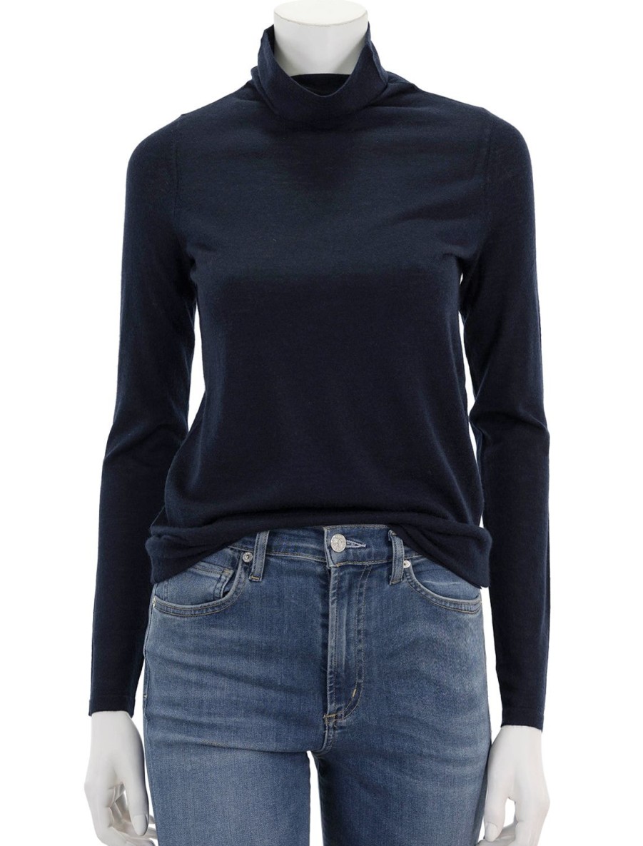 Hot Funnel Neck Cashmere Sweater In Navy Turtleneck + Mock Neck