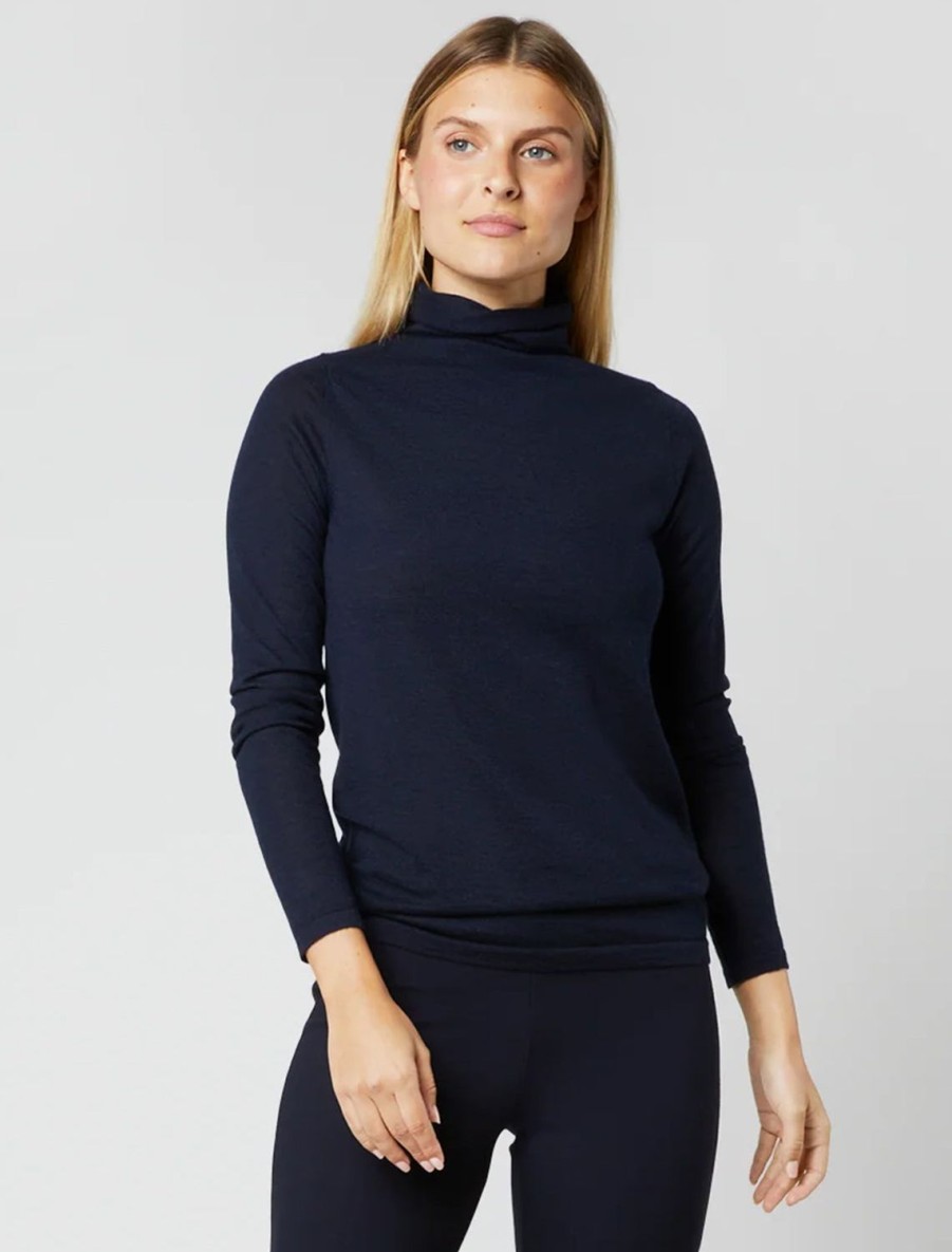 Hot Funnel Neck Cashmere Sweater In Navy Turtleneck + Mock Neck