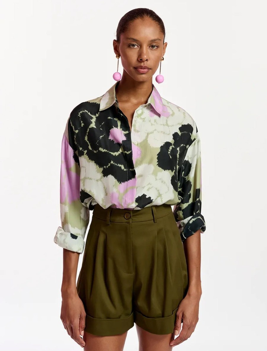 Clearance Firror Silk Shirt In Pistachio Nut Work Tops