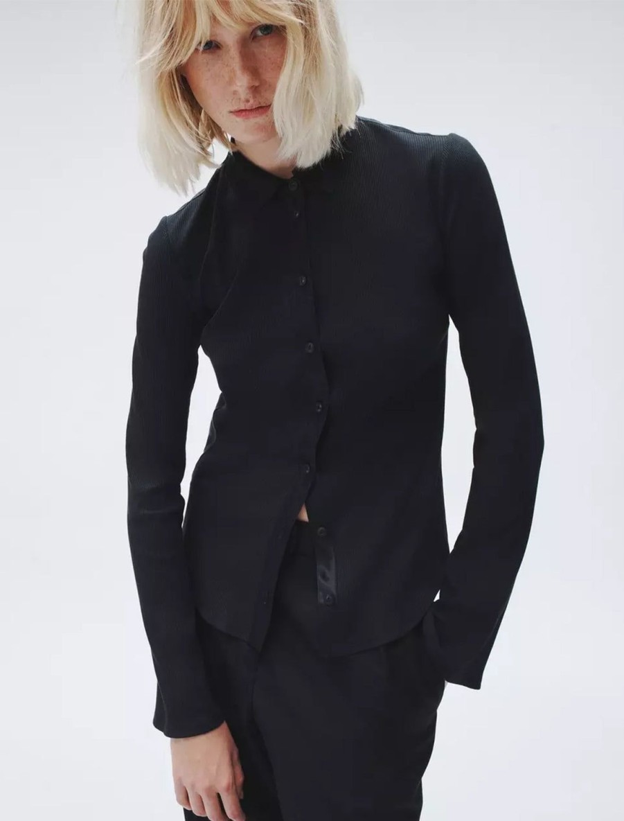 Wholesale The Ribbed Mix Media Button Down In Black Tees