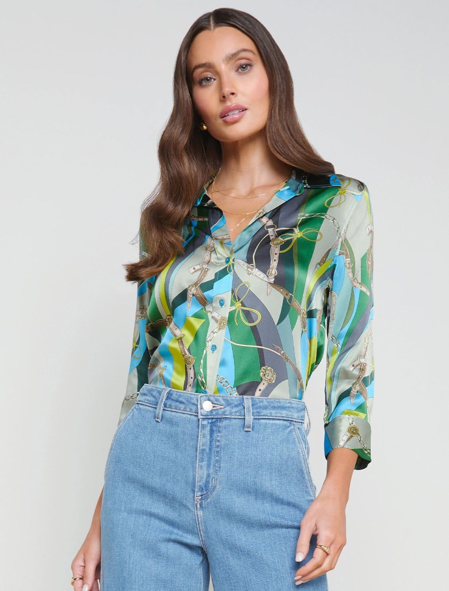 Clearance Dani In Sea Green Multi Belt Swirl Blouses