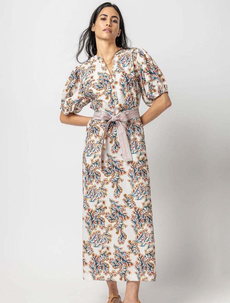 Clearance Split Neck Full Sleeve Maxi Dress In Spring Watercolor Printed Dresses