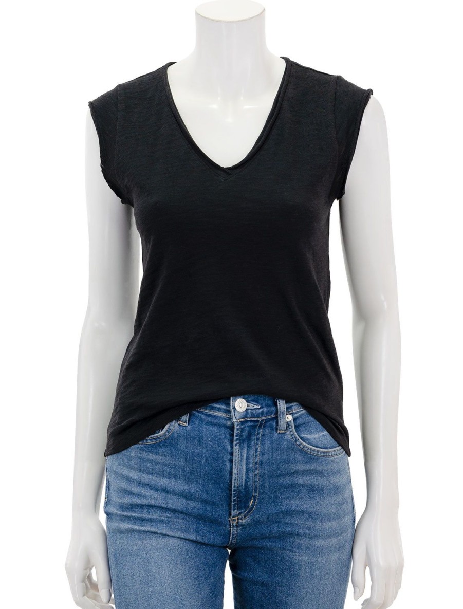 Best Cap Sleeve V Neck Tee In Black Lounge Tops + Sweatshirts