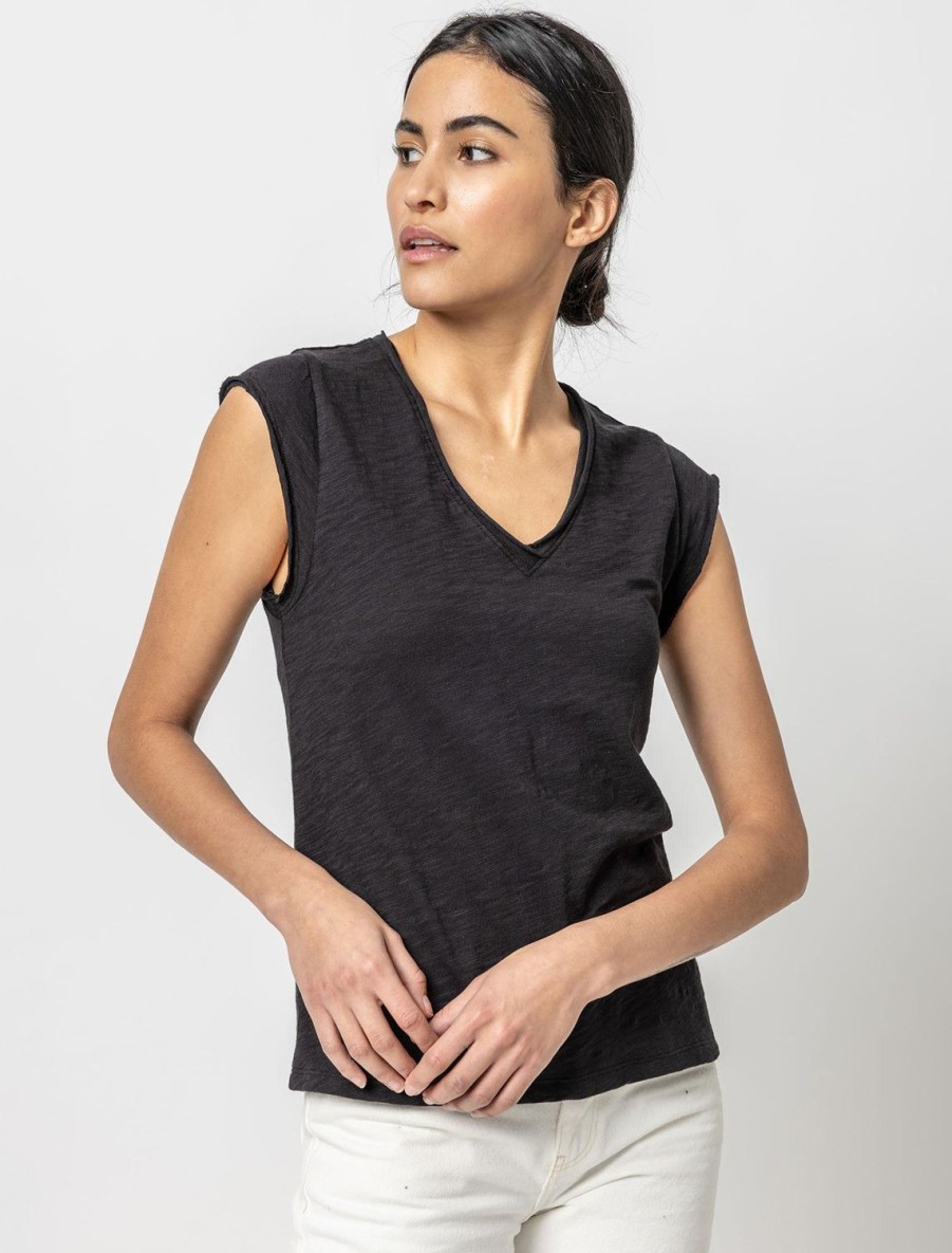 Best Cap Sleeve V Neck Tee In Black Lounge Tops + Sweatshirts