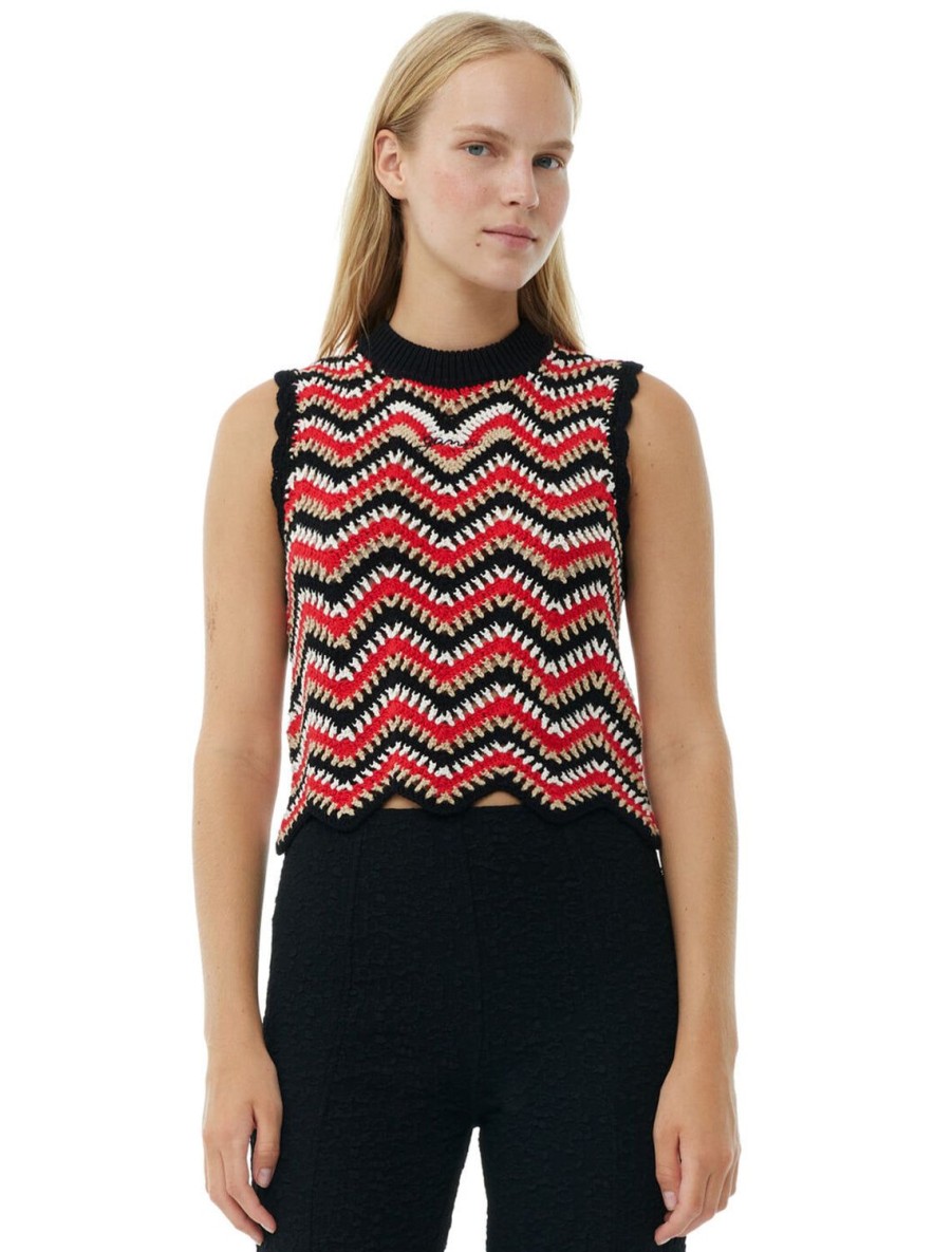 Hot Cotton Crochet Vest In Racing Red Tanks