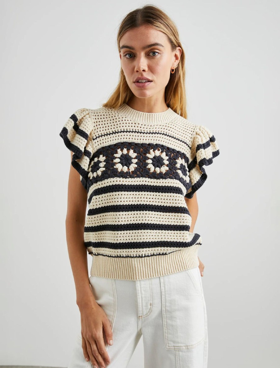 Online Penelope Sweater In Oat And Navy Crochet Pullover Sweaters