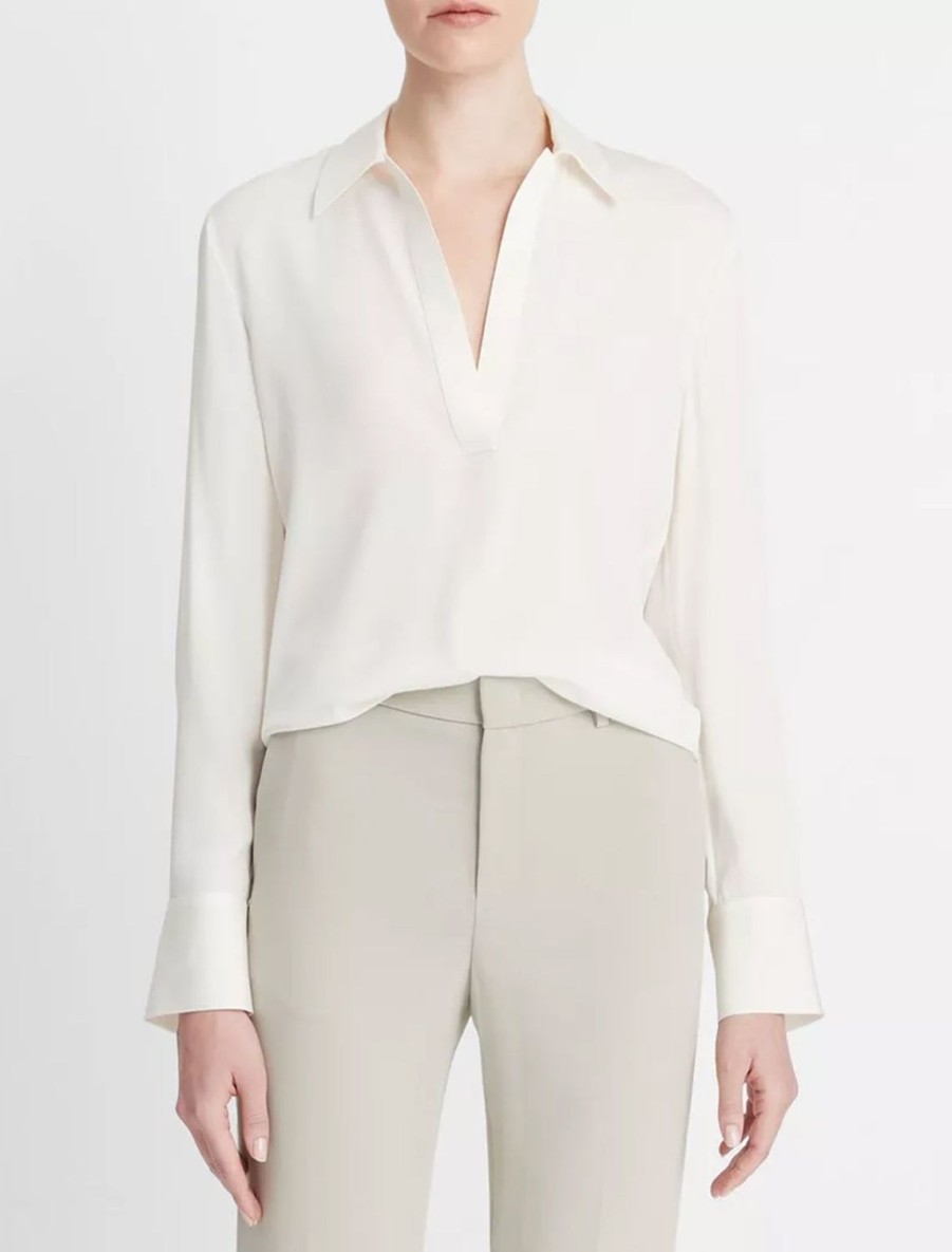 Online Pullover Long Sleeve Silk Polo In Off White Blouses