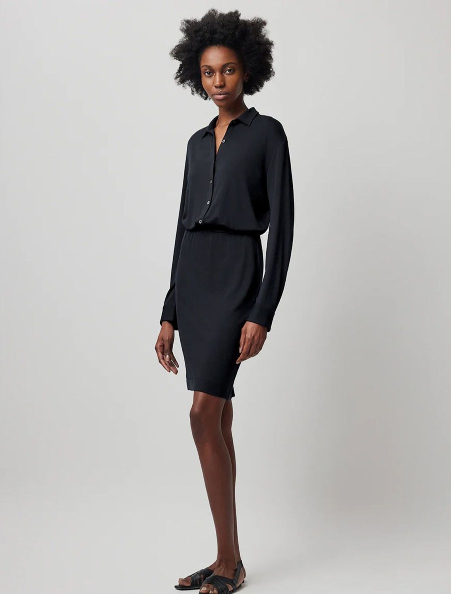 Wholesale Matte Jersey Long Sleeve Shirt Dress In Black Black Dresses