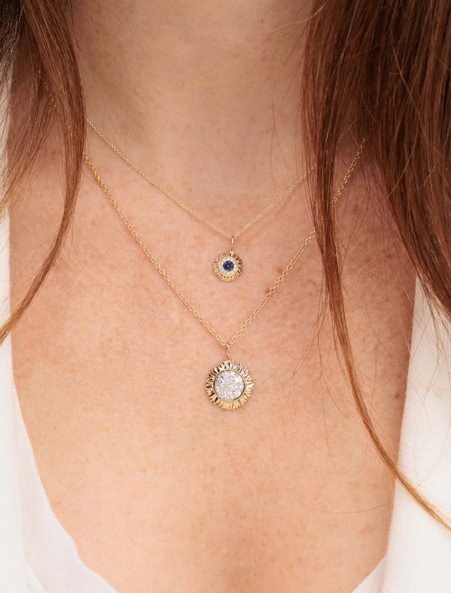 New Pave Sunflower Charm Necklace With Sapphire And Diamond Delicate