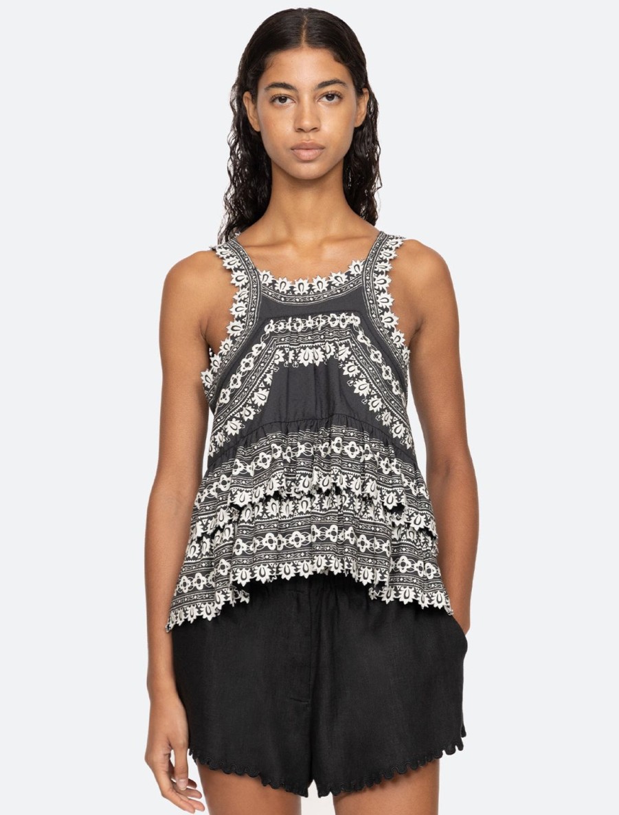 Online Amina Embroidery Tank Top In Black Blouses