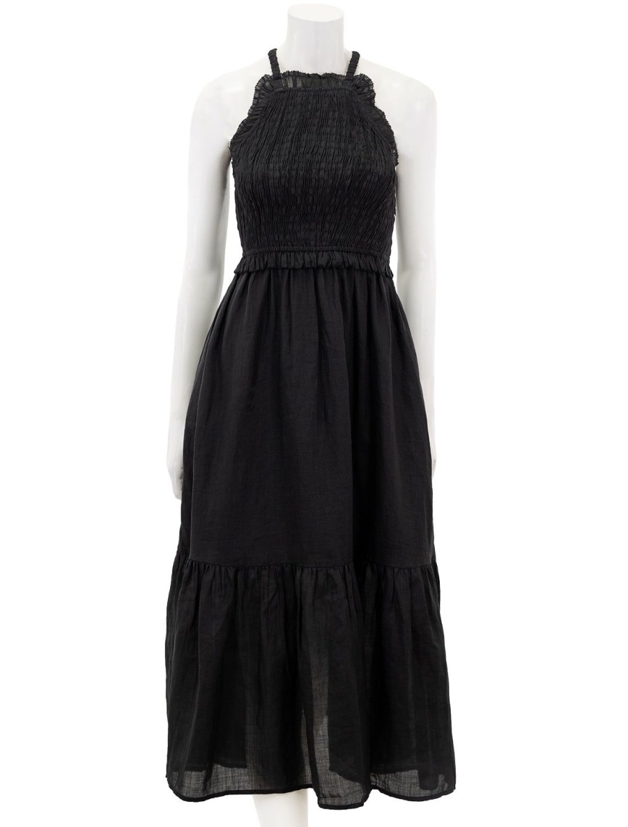 Hot Cole Smocked Ramie Midi Dress In Black Black Dresses