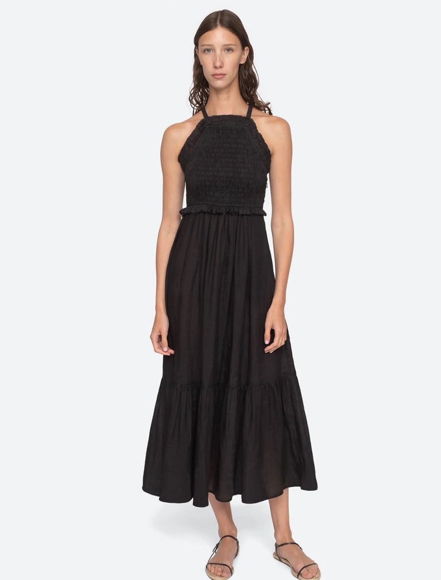 Hot Cole Smocked Ramie Midi Dress In Black Black Dresses