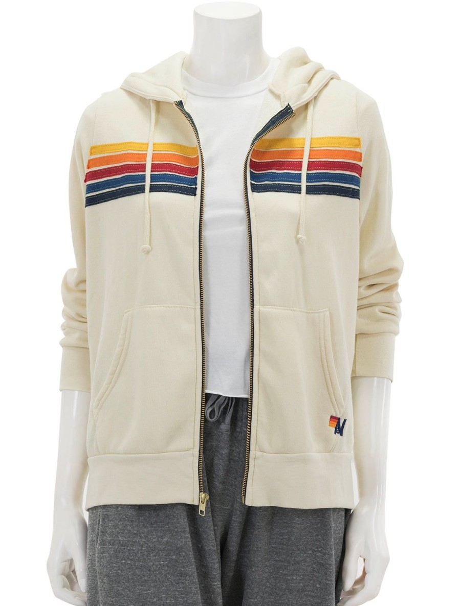 Hot 5 Stripe Zip Hoodie In Vintage White Lounge Tops + Sweatshirts