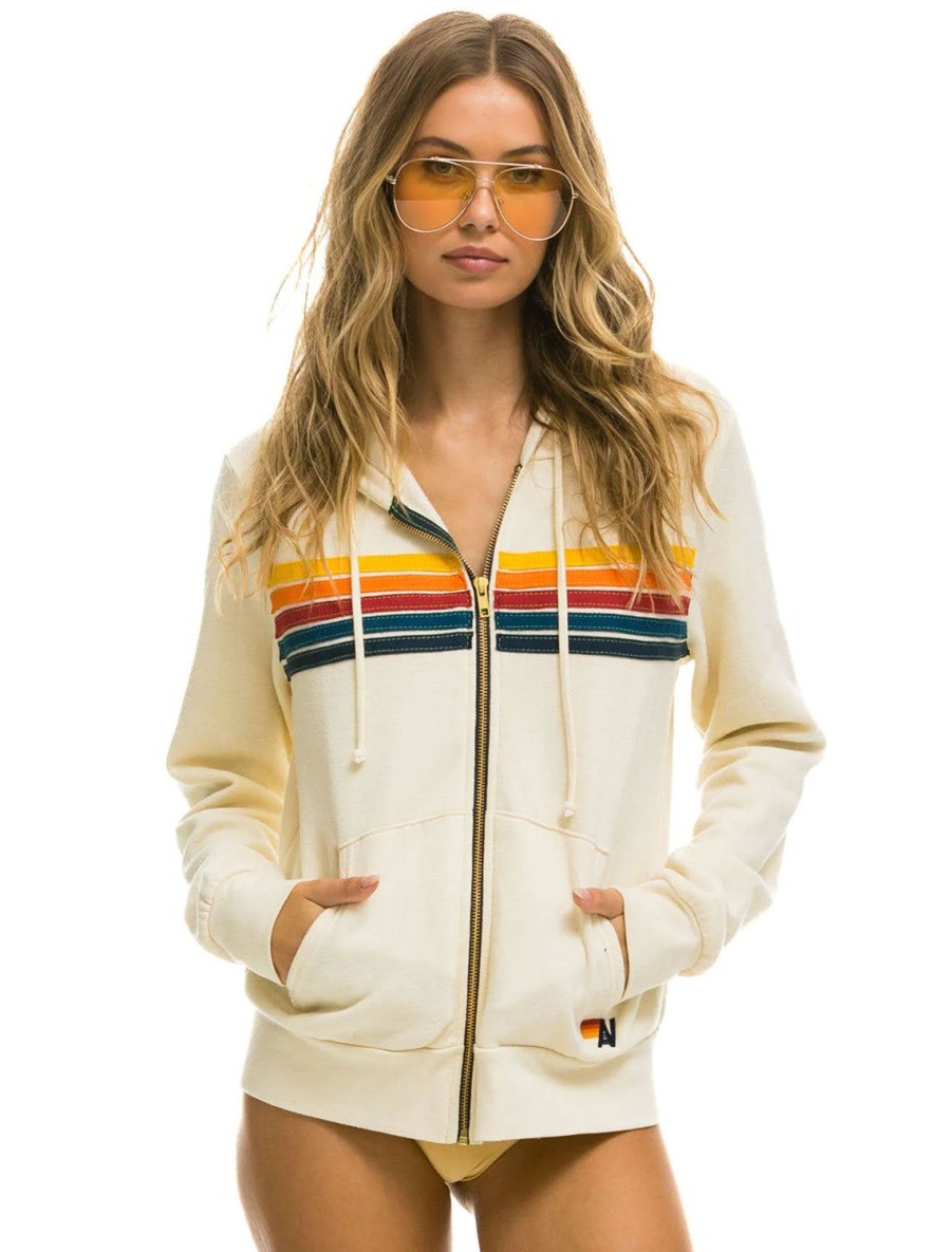 Hot 5 Stripe Zip Hoodie In Vintage White Lounge Tops + Sweatshirts