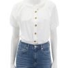 Best Elastic Hem Button Front Top In White Blouses