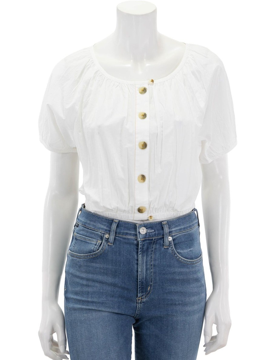 Best Elastic Hem Button Front Top In White Blouses