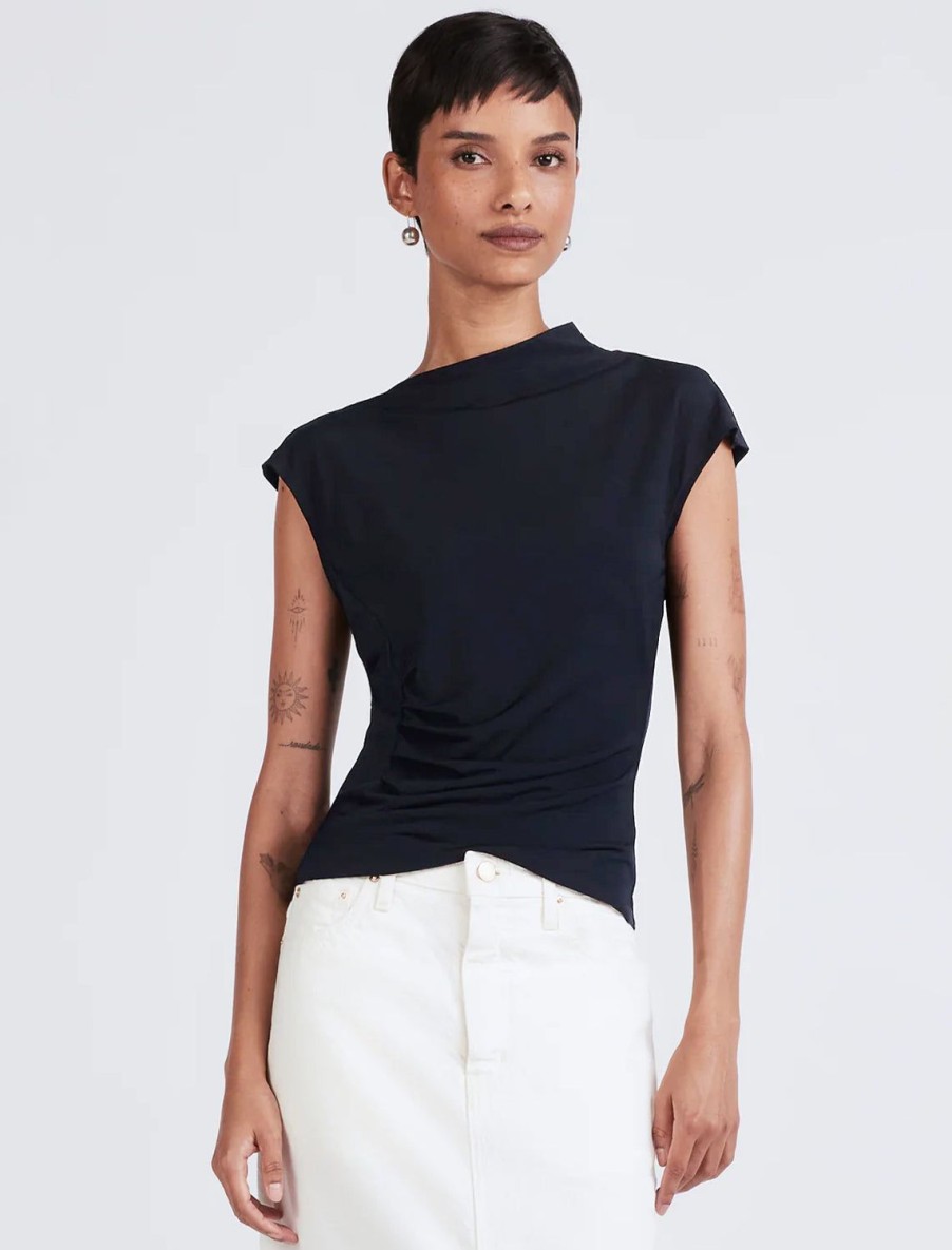 New Sasha Cap Sleeve Ruched Tee In Midnight Tees