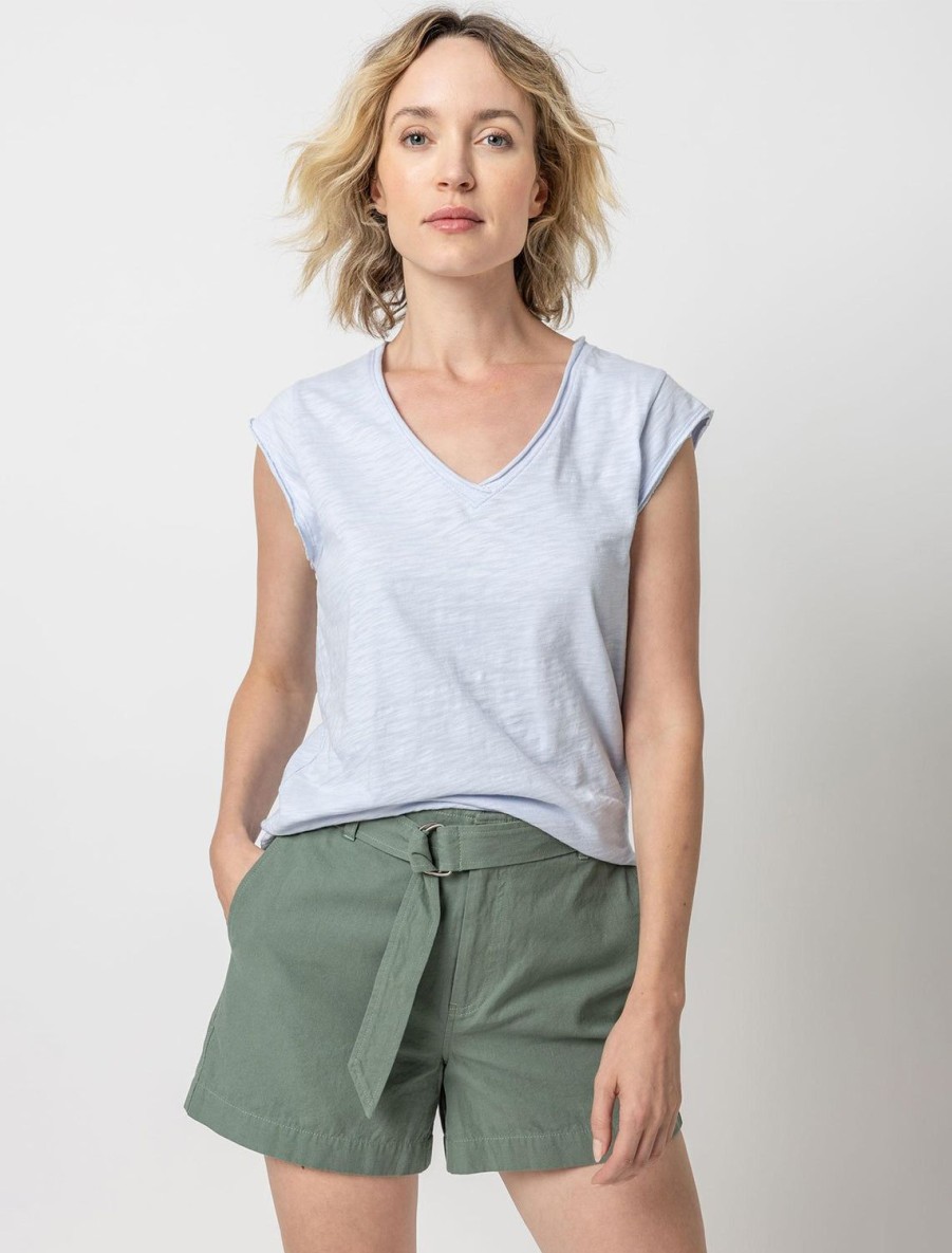 New Loose Knit Slub Cap Sleeve V Neck Tee In Hyacinth Lounge Tops + Sweatshirts