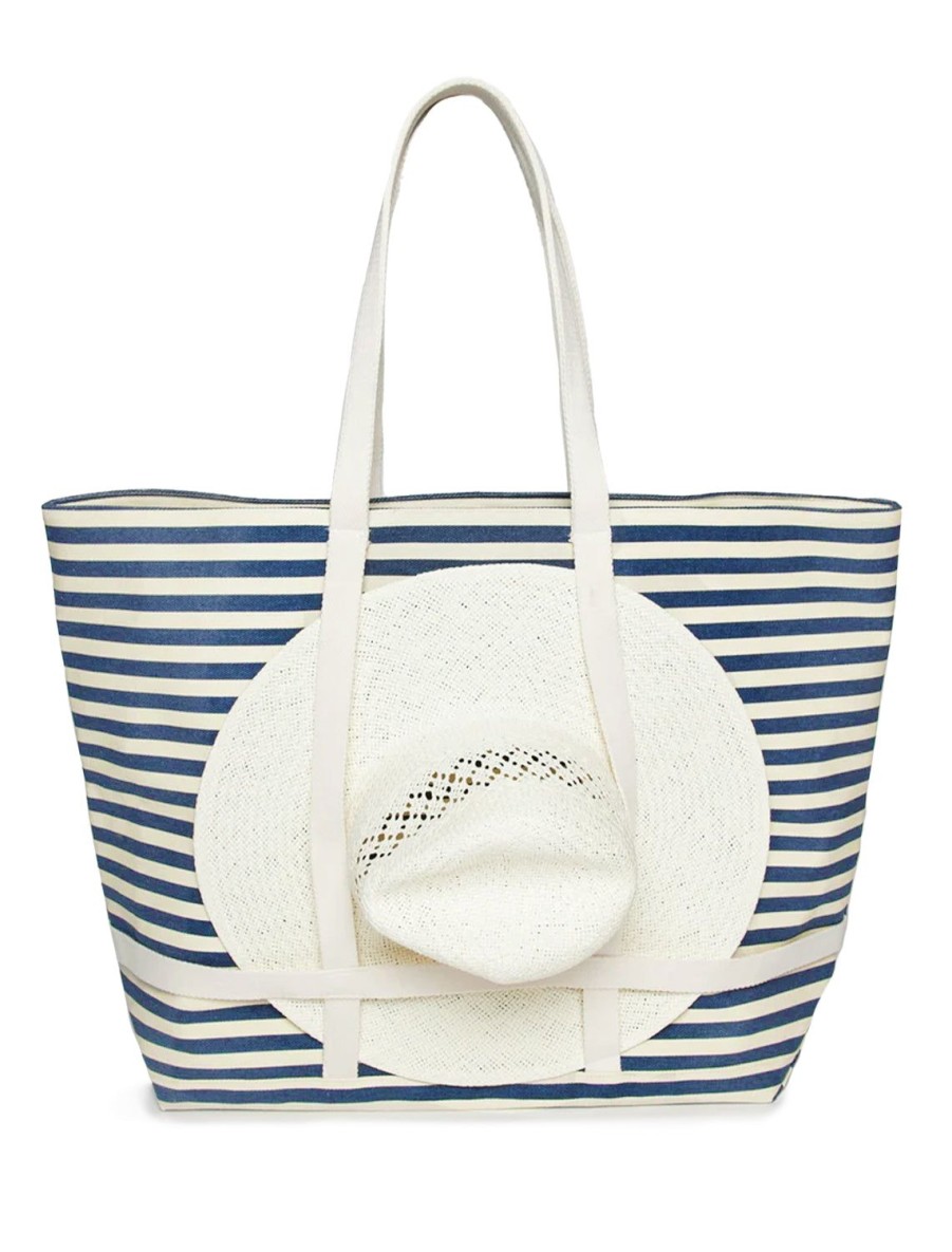 Clearance Sunhat Sized Traveler Tote In Navy Stripe Shoulder Bags