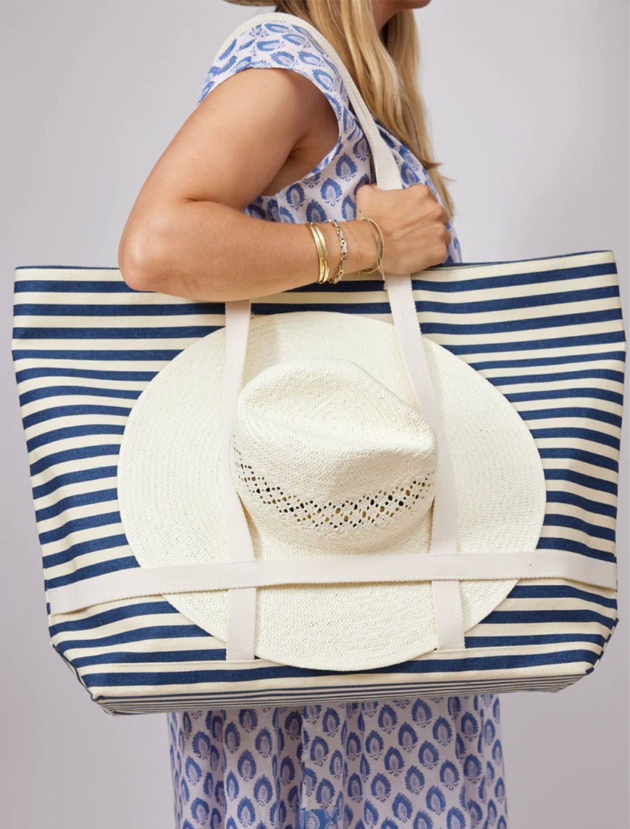 Clearance Sunhat Sized Traveler Tote In Navy Stripe Shoulder Bags