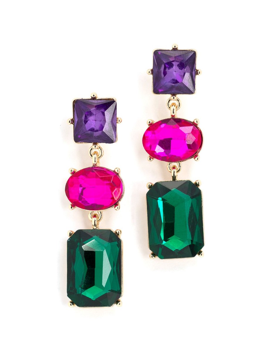 Clearance Emerald, Purple, Fuchsia Triple Stone Statement Earrings Drops