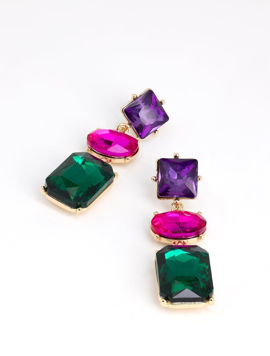 Clearance Emerald, Purple, Fuchsia Triple Stone Statement Earrings Drops