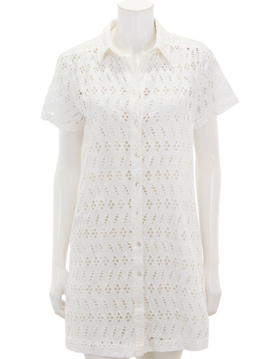 New Eyelet Short Sleeve Shirt Dress In White Occasion Dresses