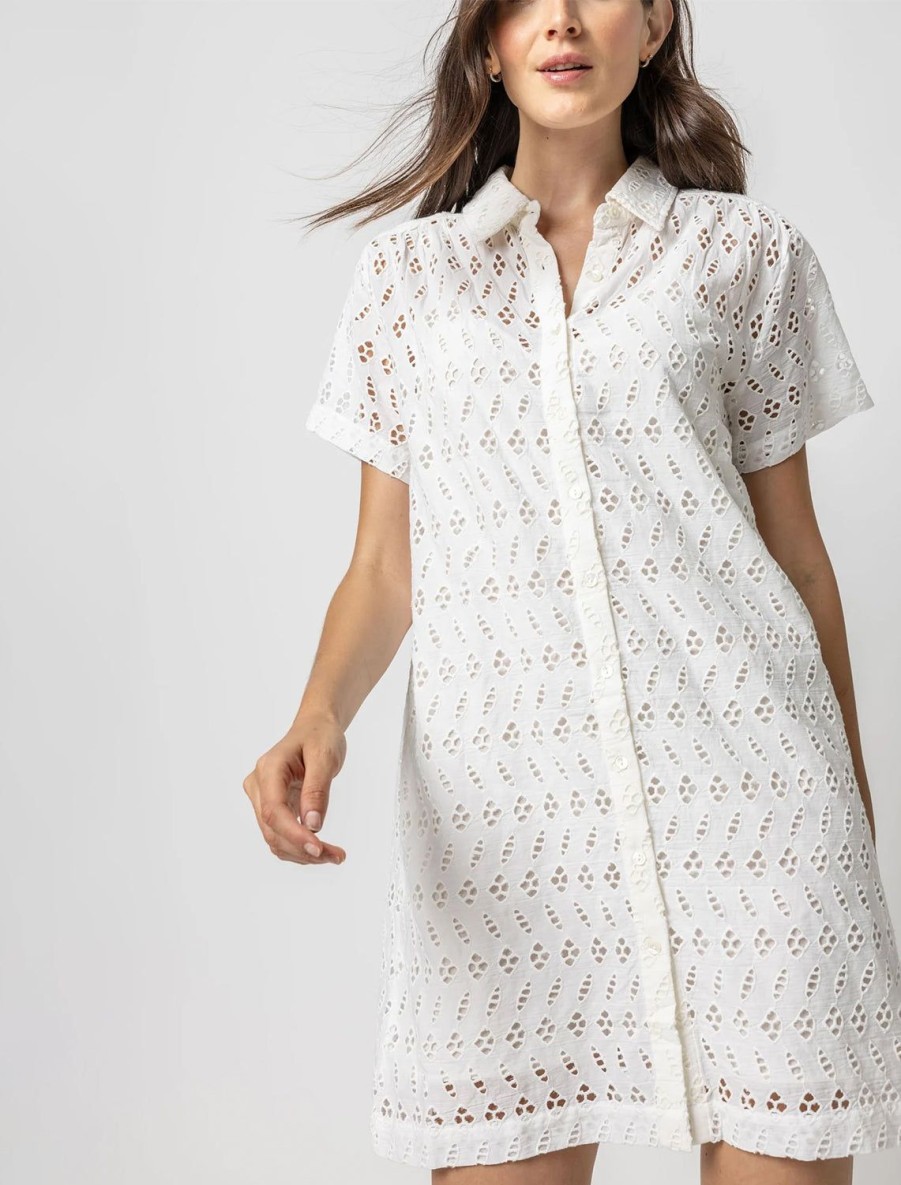 New Eyelet Short Sleeve Shirt Dress In White Occasion Dresses