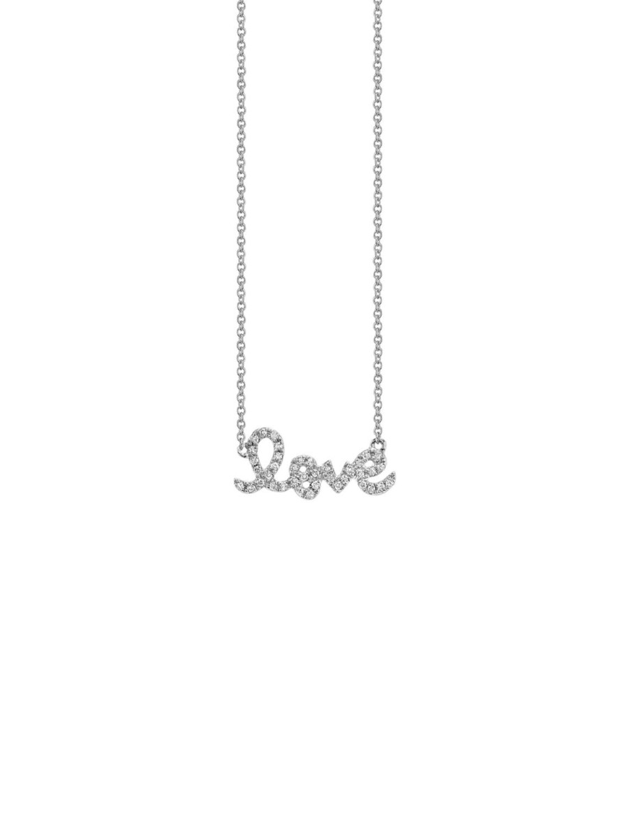 Hot Pave Small Love Script Necklace In White Gold Delicate