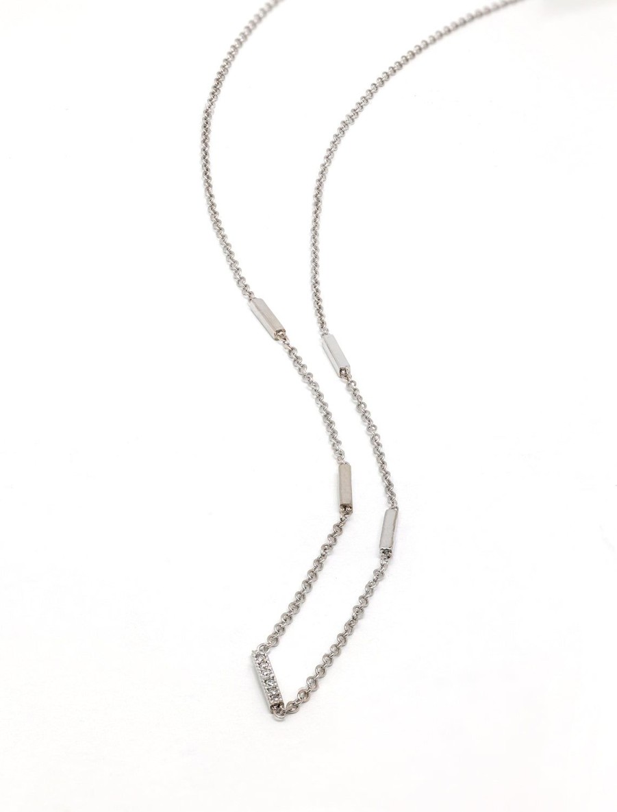 Clearance Horizontal Tiny Bars Necklace In White Gold | 18" Length Delicate