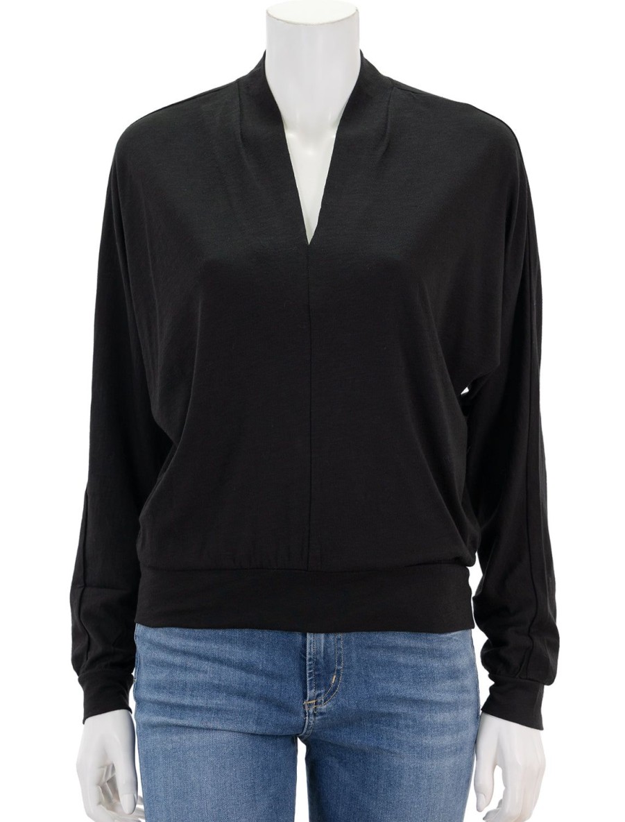 Online Full Sleeve Split Neck Top In Black Blouses