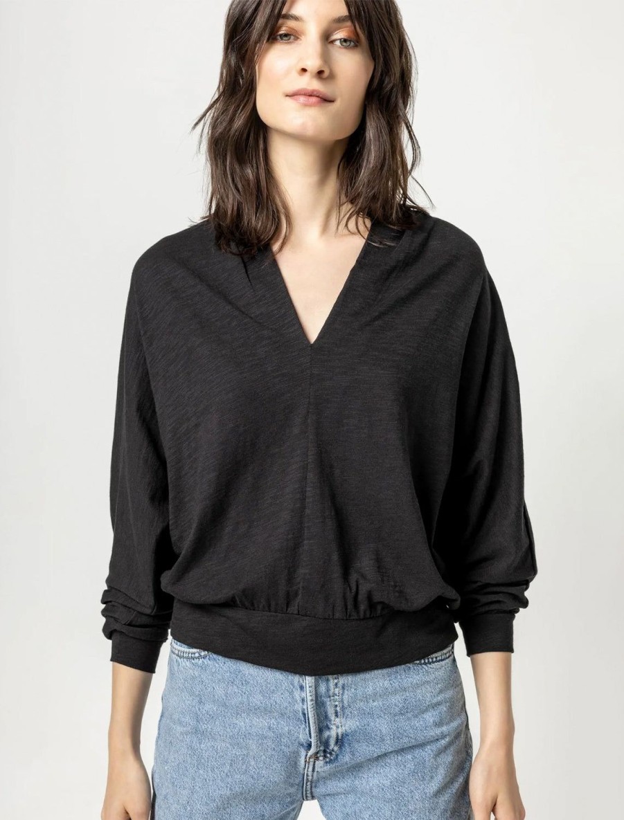 Online Full Sleeve Split Neck Top In Black Blouses