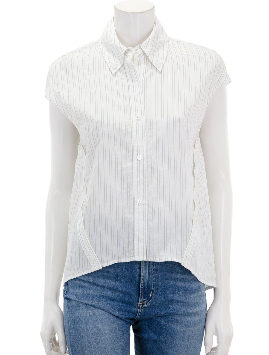 Online Perth Cap Sleeve Button Blouse In Off White Pinstripe Buttondowns + Shirts