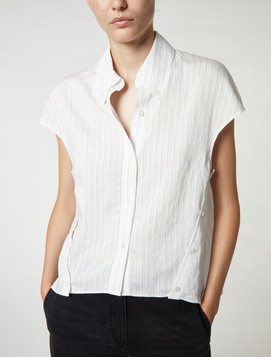 Online Perth Cap Sleeve Button Blouse In Off White Pinstripe Buttondowns + Shirts