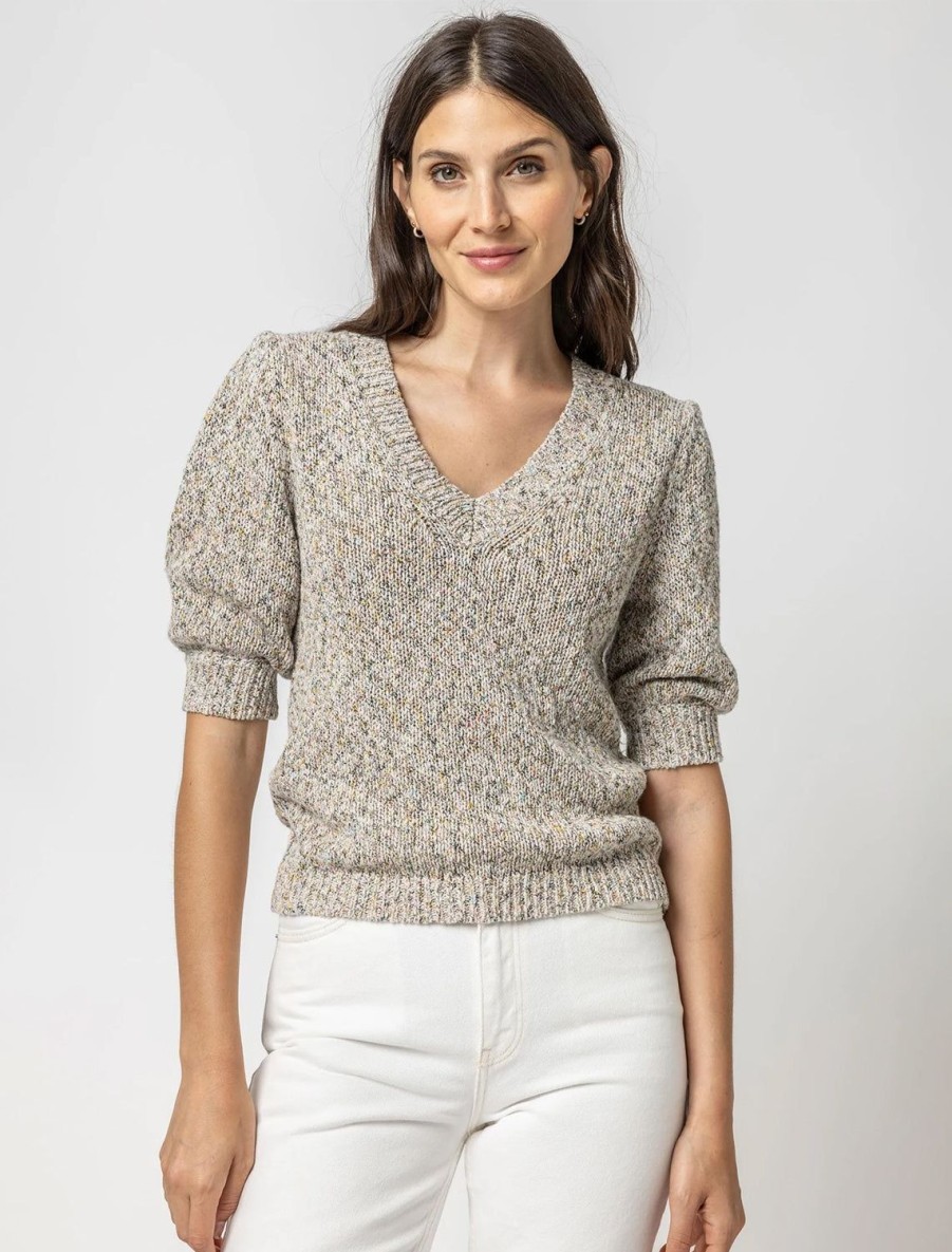 Best Elbow Sleeve V Neck Sweater In Multi Fleck Pullover Sweaters