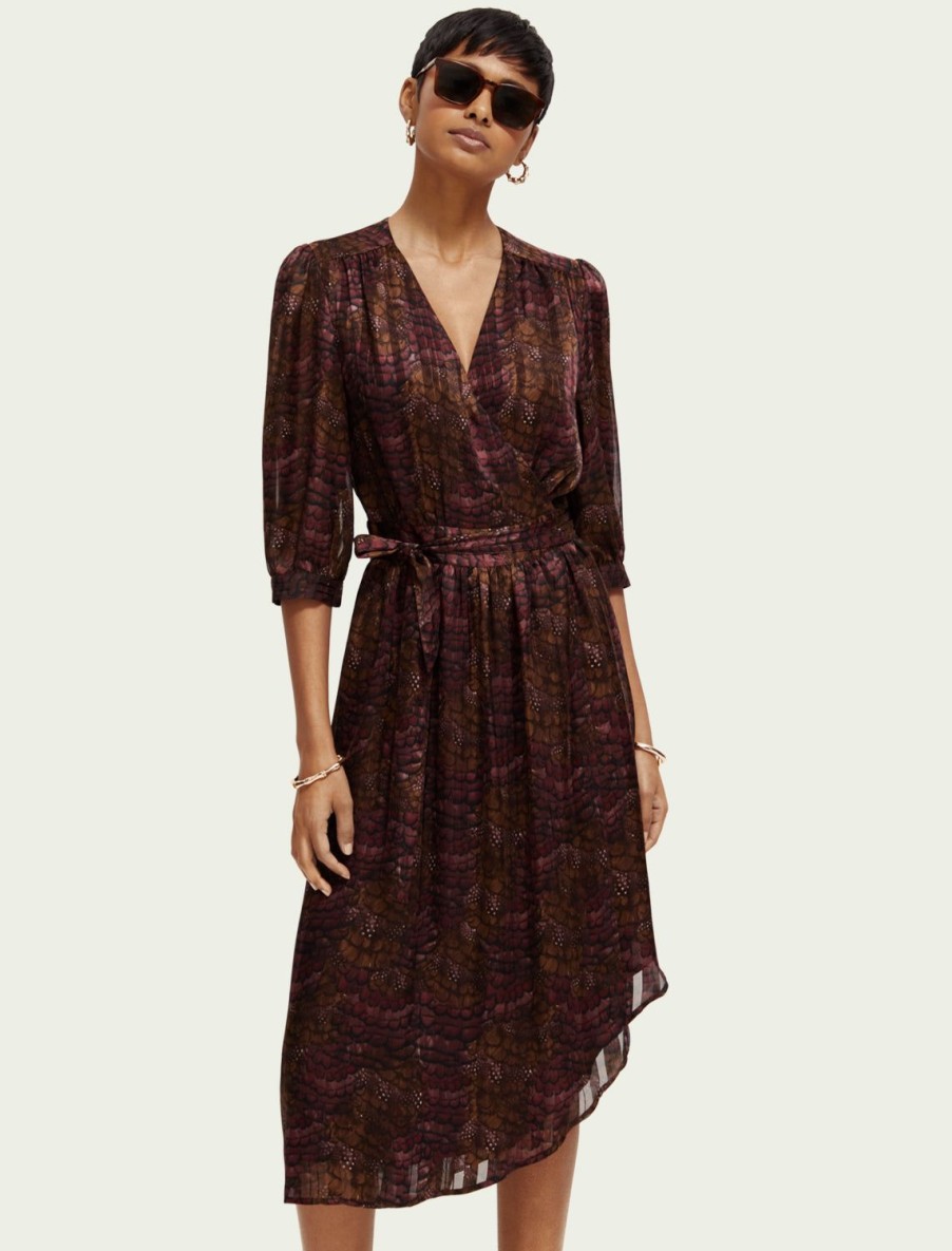 Online Asymmetric Wrap Dress In Feather Bordeaux Printed Dresses