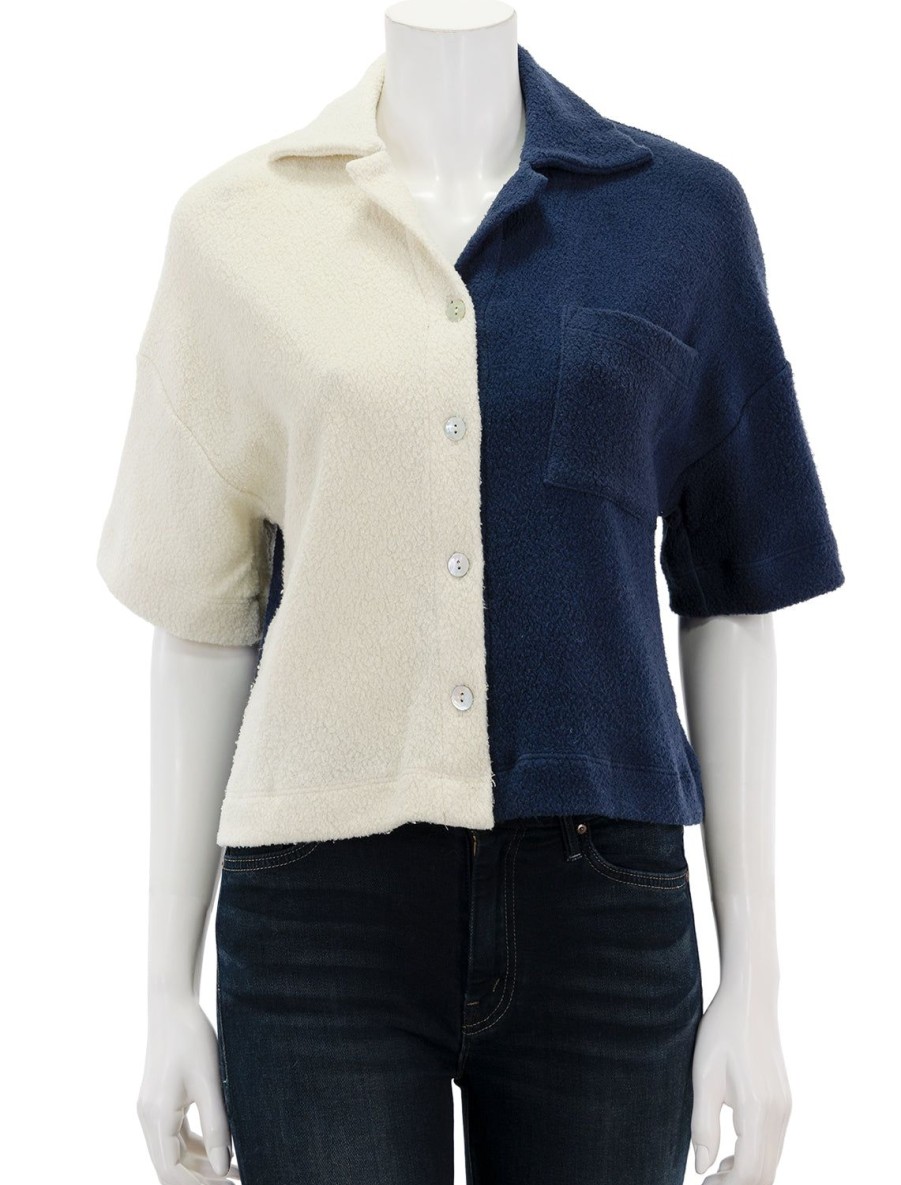 Wholesale Sherpa Short Sleeve Button Down In Cream And Navy Lounge Tops + Sweatshirts