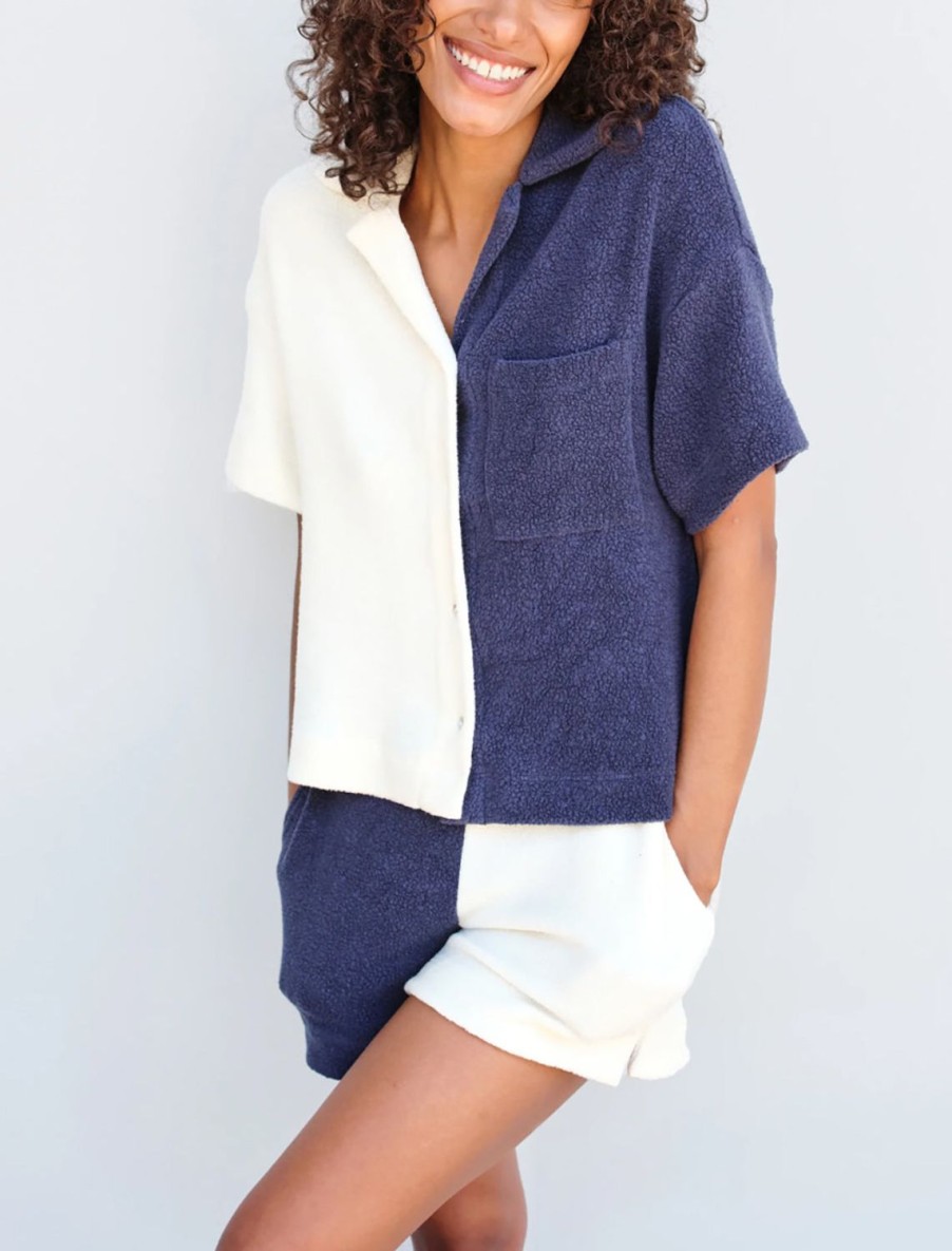 Wholesale Sherpa Short Sleeve Button Down In Cream And Navy Lounge Tops + Sweatshirts