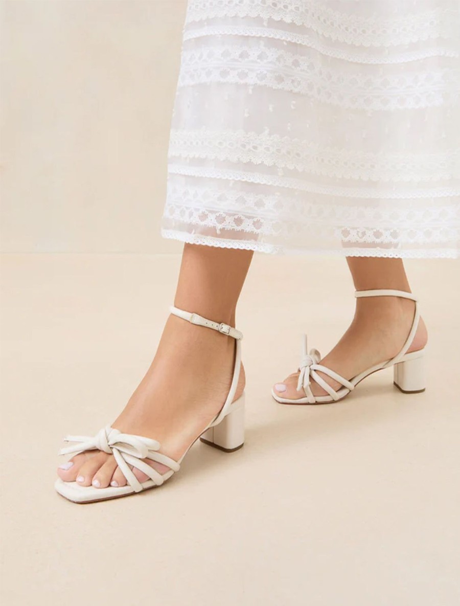 Hot Leather Bow Mid Heel Sandal In White Heels + Wedges